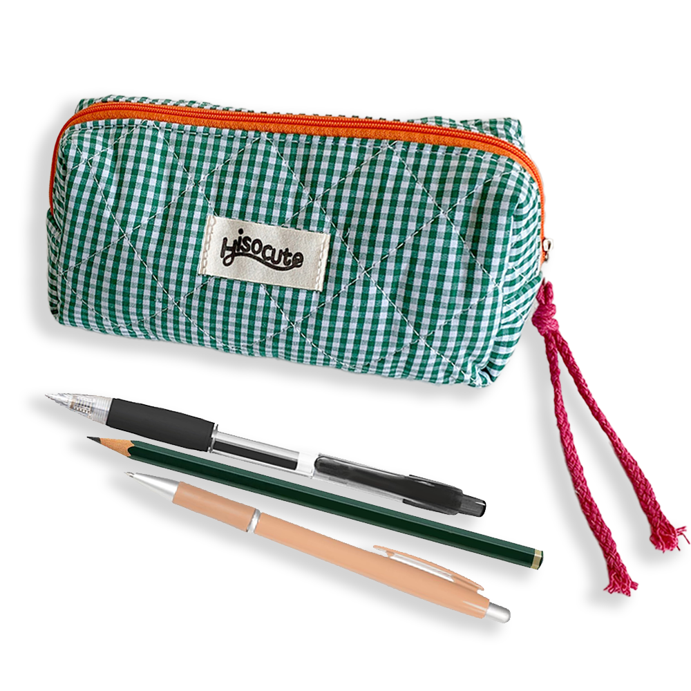 Contrast color plaid pencil case (green)