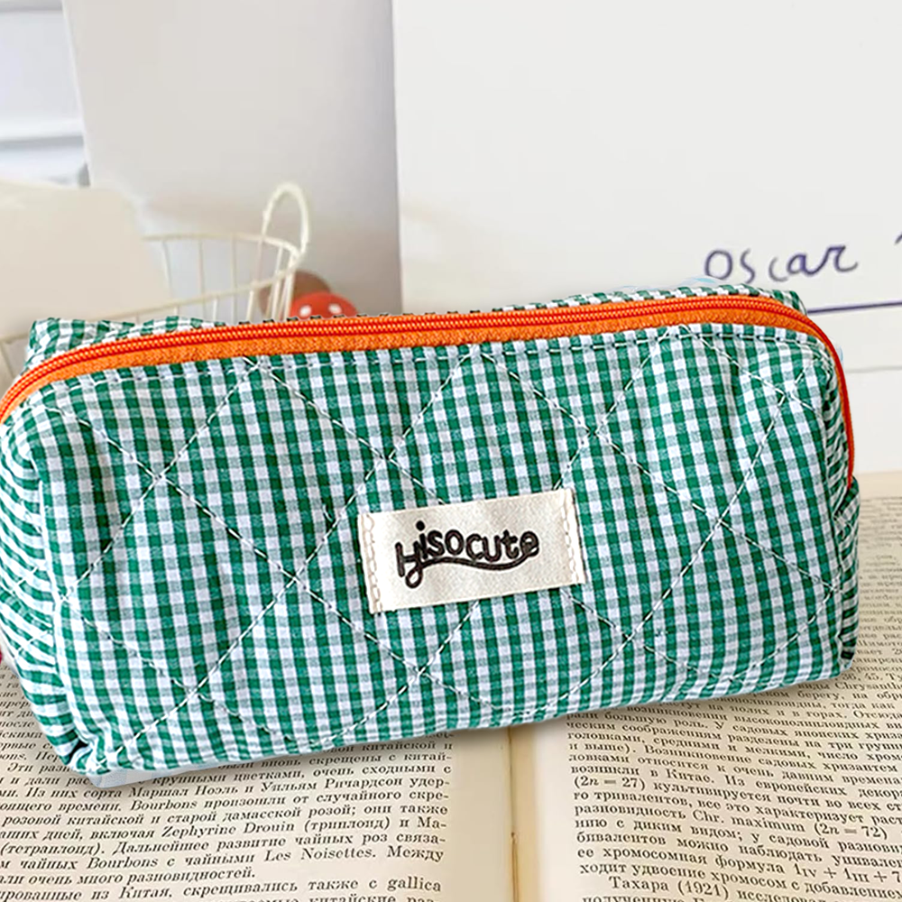 Contrast color plaid pencil case (green)